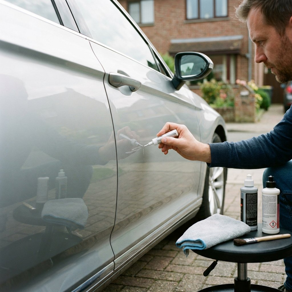 Autobezitter werkt een kleine kras op een zilveren auto bij met lakstift op de oprit, met poetsdoek en materialen ernaast in zacht daglicht.