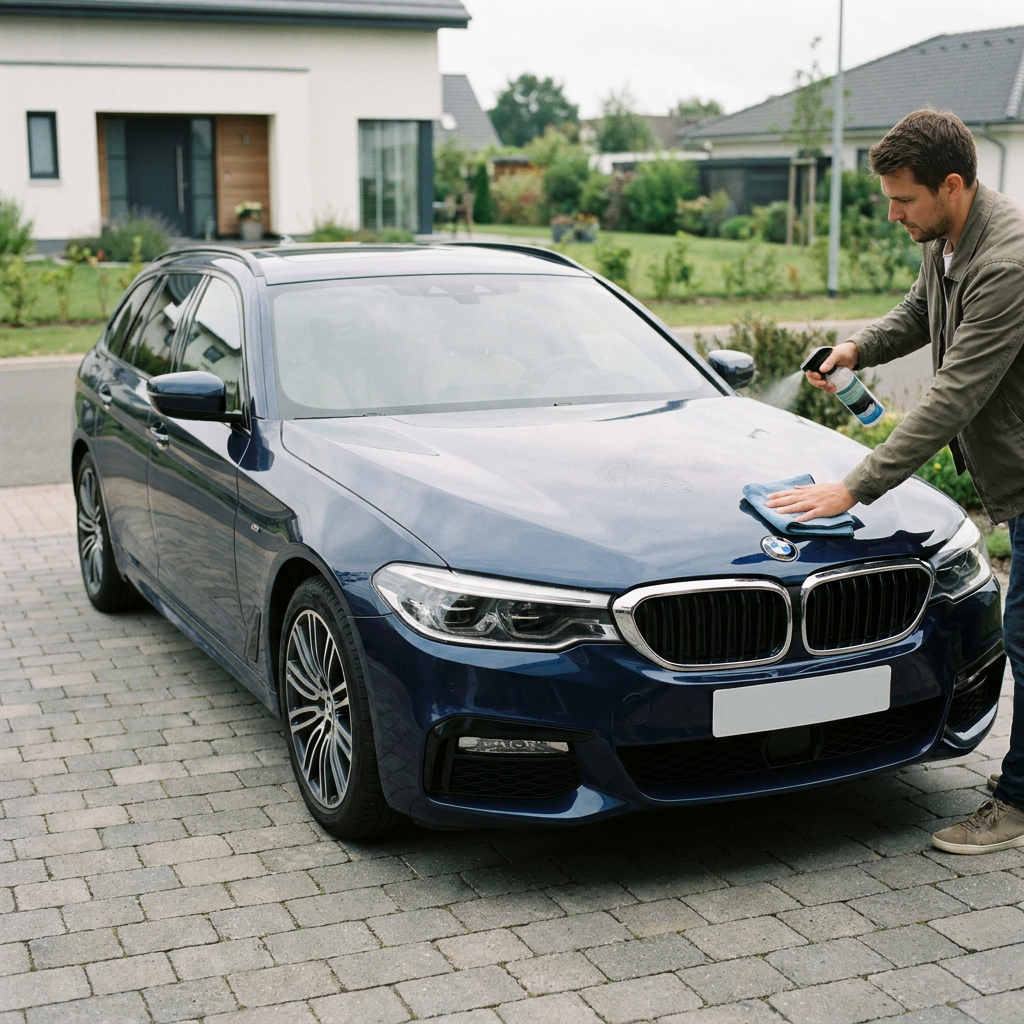 Persoon poetst een schone donkere auto op een oprit met microvezeldoek en spray, in zacht daglicht met nette woonwijk op de achtergrond.