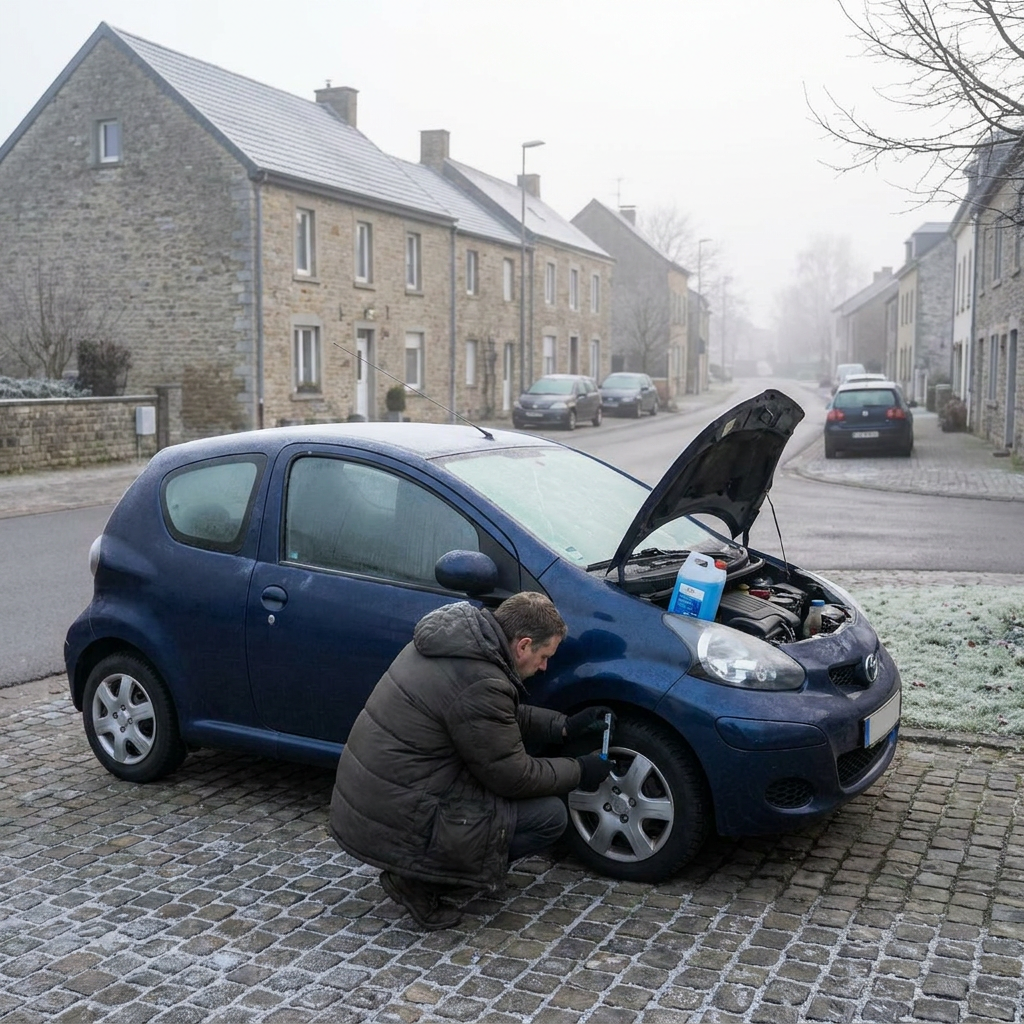 Bestuurder controleert banden en ruitenvloeistof naast geparkeerde auto op een koude winterochtend, met lichte rijp op straat en motorkap.