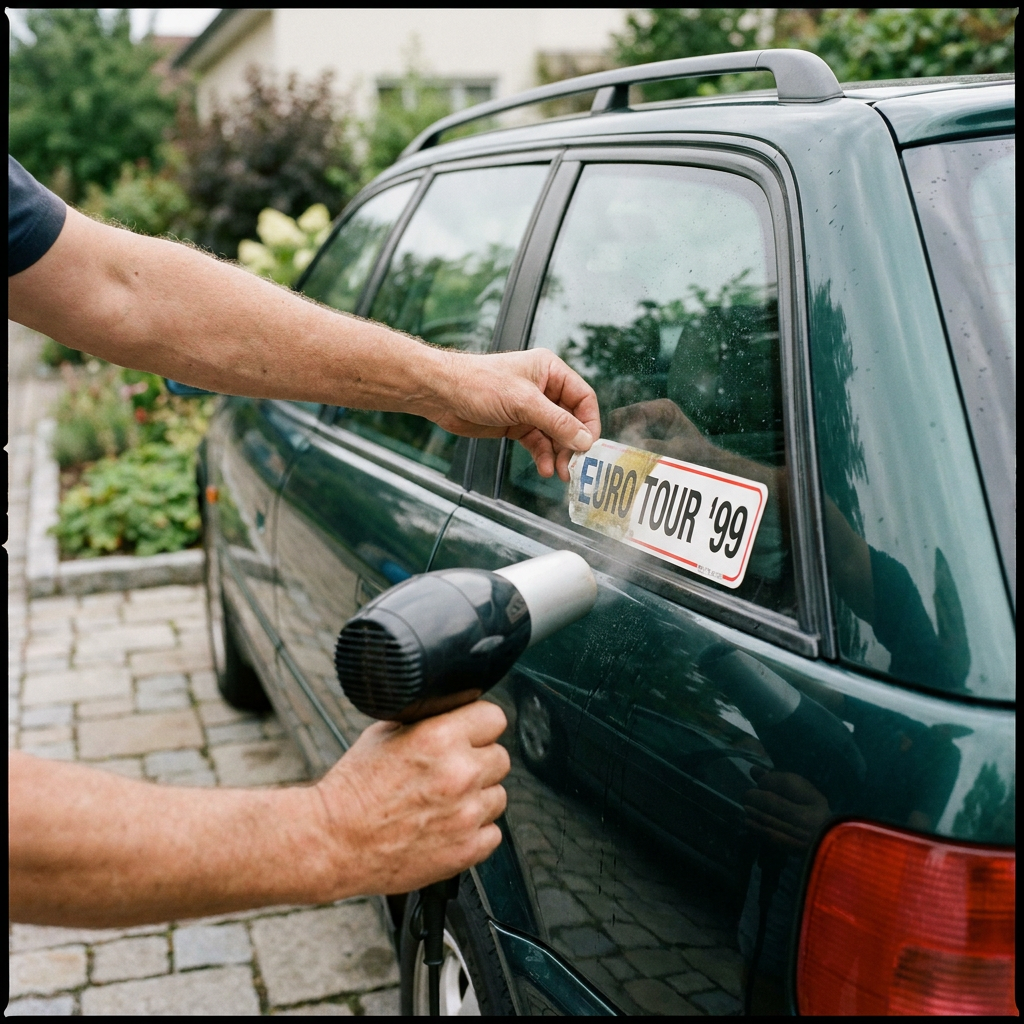 Persoon warmt een sticker op de zijkant van een schone auto op en trekt die voorzichtig los in zacht daglicht op een oprit.
