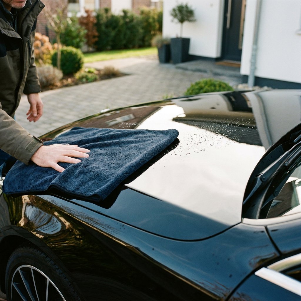 Grote grijze microvezel droogdoek glijdt over een natte zwarte auto op een oprit, met zachte ochtendzon en waterdruppels op de lak.