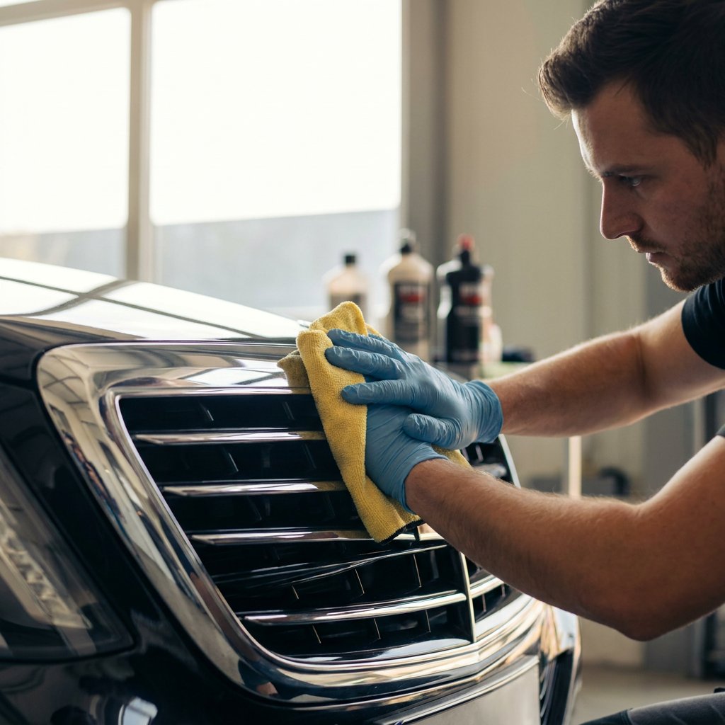 Close-up van een detailer die met een microvezeldoek chroom en RVS aan de voorgrille en sierlijst van een auto poetst in een werkplaats bij zacht daglicht.