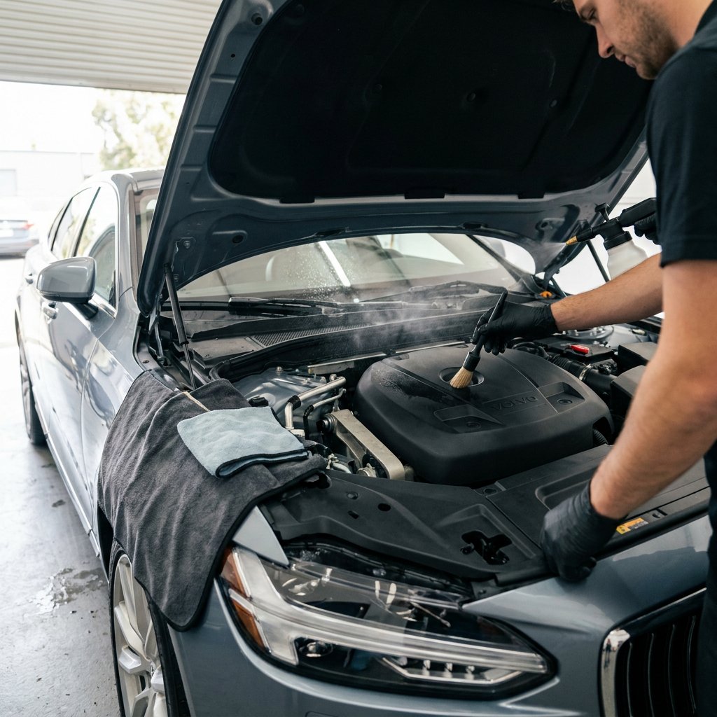 Detailer met nitrilhandschoenen borstelt rond kunststof en slangen in een geopende motorruimte, met nevel uit een pompvernevelaar en doeken op een spatbord.