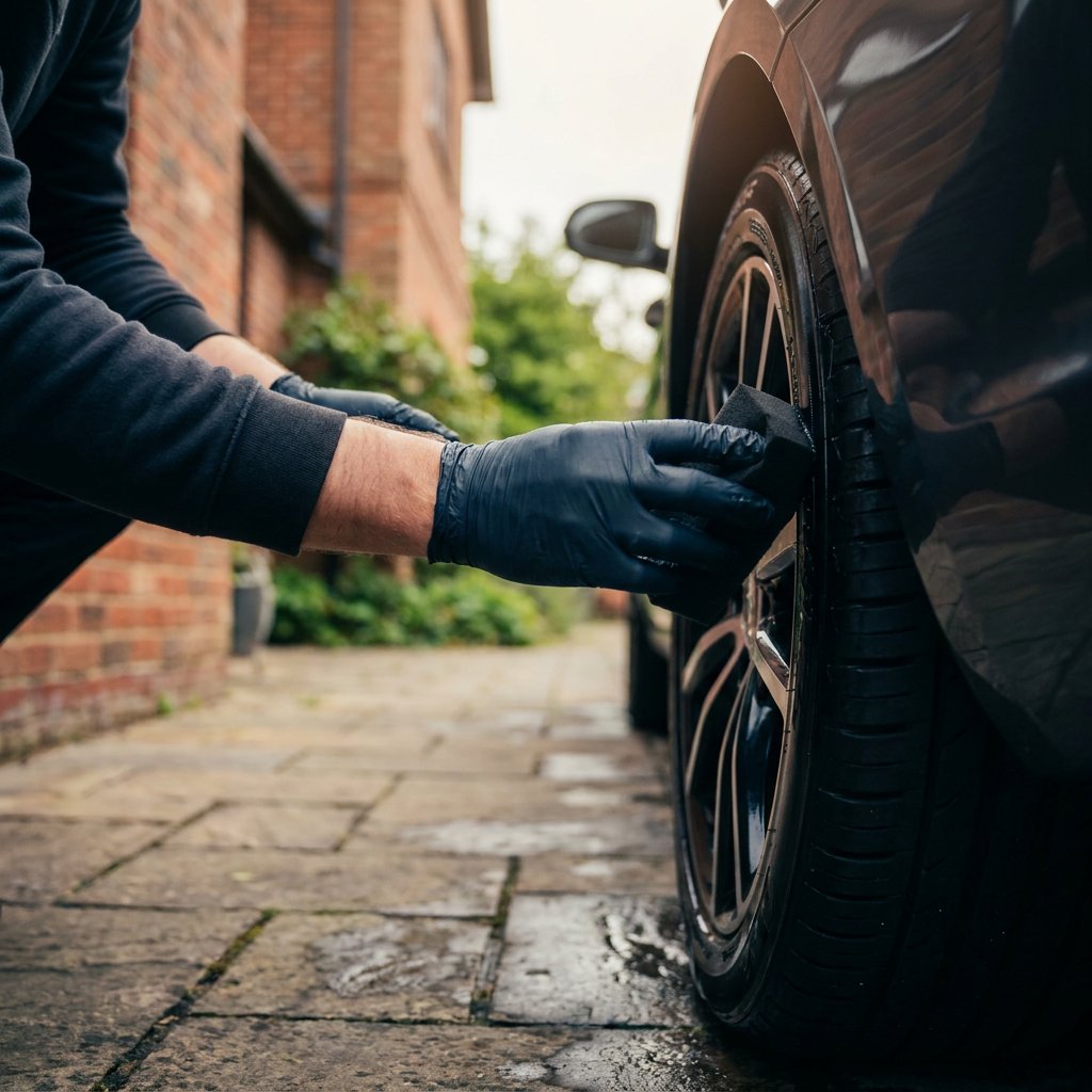 Close-up of gloved hands treating a clean car tyre with a foam applicator, water beading on the sidewall; parked hatchback on a brick driveway in soft daylight.
