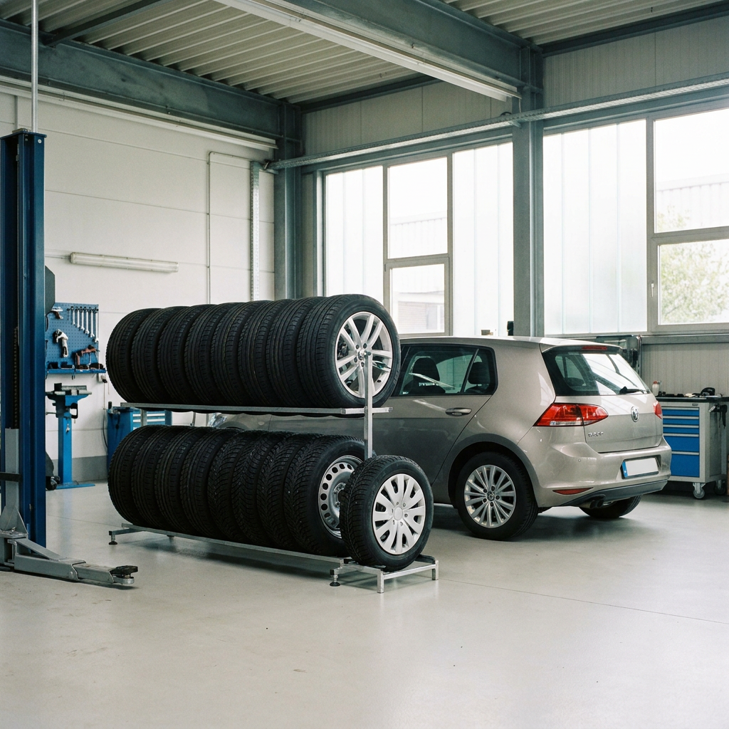 Complete velgen en banden set netjes opgesteld naast een compacte auto in een moderne werkplaats, met helder daglicht en een strakke showroomuitstraling.