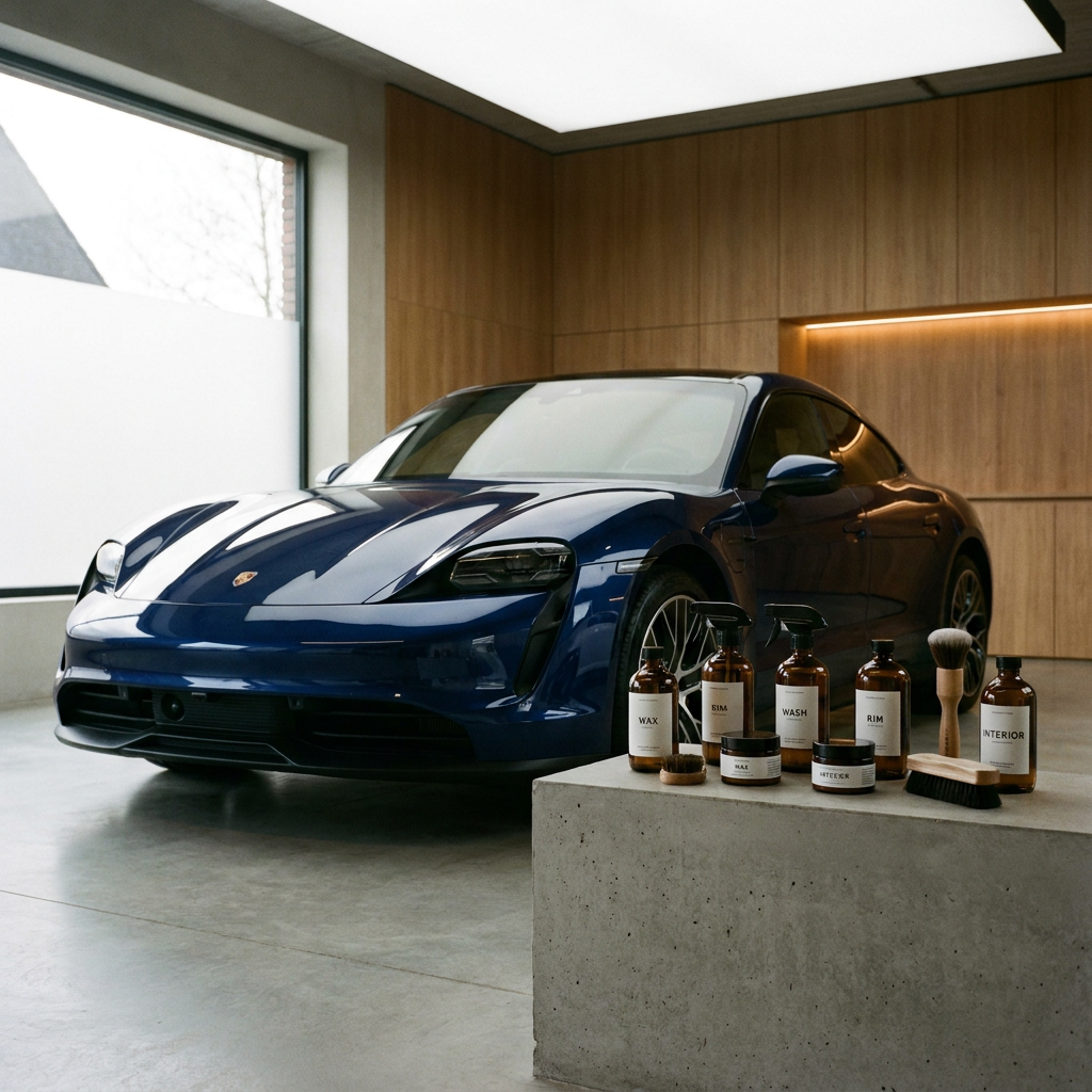 Luxe autoverzorgingsproducten staan netjes opgesteld naast een glanzende donkere auto in een moderne wasruimte, met focus op kwaliteit en resultaat.