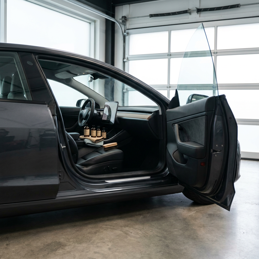 Open car door reveals a spotless modern interior with cleaning bottles, microfiber cloth and brush on the seat in soft natural daylight.