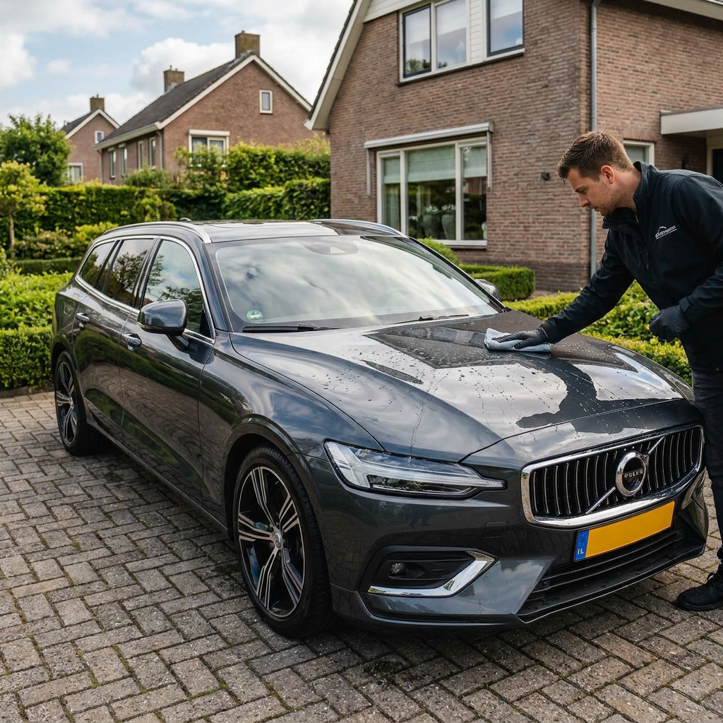 Glanzende auto op een nette oprit terwijl een detailer beschermende coating aanbrengt op de lak, met zachte daglichtreflecties en een verzorgde uitstraling.